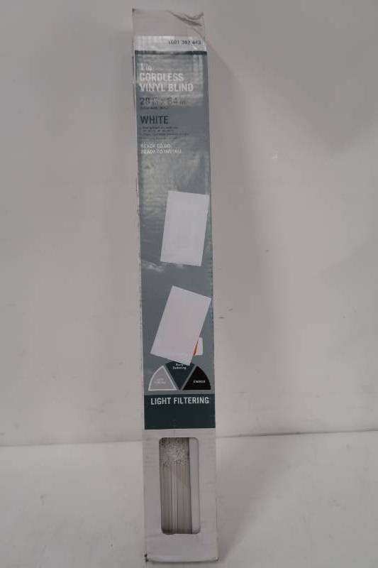 lot 132 image: White Cordless 1 in. Vinyl Mini Blind - 29 in. W x 64 in. L