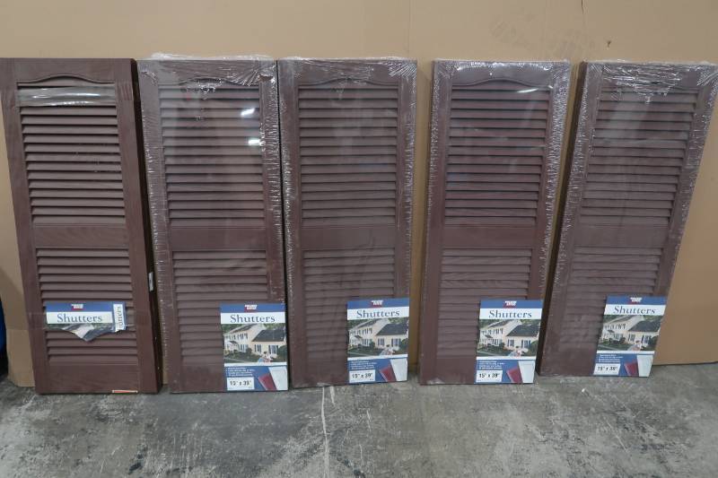 lot 145 image: BUILDERS EDGE15 INCH X 39-INCH VINYL OPEN LOUVER WINDOW SHUTTERS - Brown - 5 Pairs