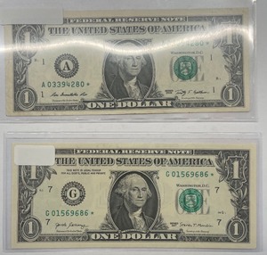 lot 54 image: Two $1 US Federal Reserve Star Notes - 2009 - A03394280 & 2017 - G01569686