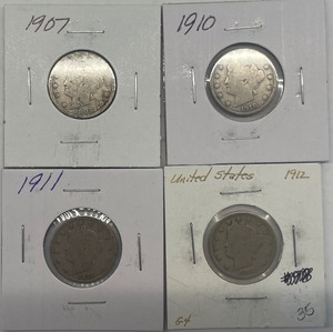 lot 34 image: Four Liberty Head Nickels - 1907, 1910, 1911, & 1912