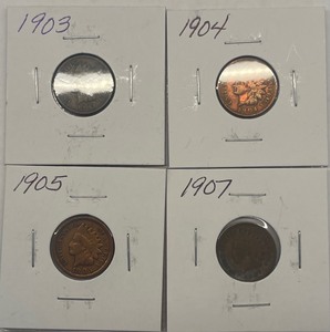 lot 26 image: Four Indian Head Pennies - 1903, 1904, 1905, & 1907