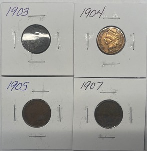 lot 5 image: Four Indian Head Pennies - 1903, 1904, 1905, & 1907