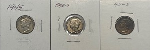 lot 36 image: Three Different Mercury Dimes - 1945 P, D, & S