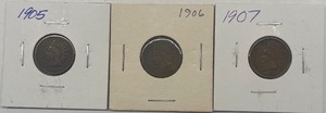 lot 10 image: Three Indian Head Pennies - 1905, 1906, & 1907