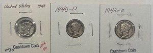 lot 25 image: Three Mercury Dimes - 1943 P, D, & S