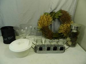lot 41 image: Salad Spinner, Wreath, Large Ball Jar, More