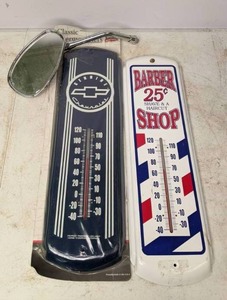 lot 222 image: Vintage Reproduction Metal Thermometer Signs (Chevrolet & Barber Shop)