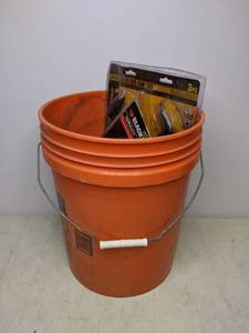 lot 284 image: Five Gallon Bucket Plus Contents Tape Measure, Ratchet Tie Downs, Snips, etc.