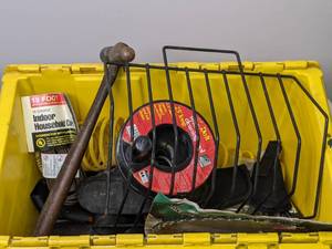 lot 326 image: Plastic Tote w Contents Extension Cord, Ball Peen Hammer, Drain Tool, Saw Blade, etc.