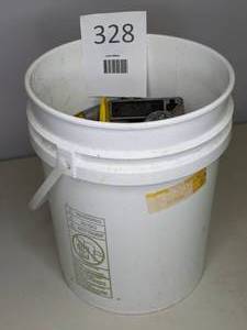 lot 328 image: Bucket Plus contents Square Ruler, Stapler, Hammer, etc.