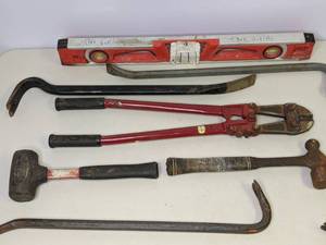 lot 350 image: Crowbars, Wire Cutter, Level, Hammers