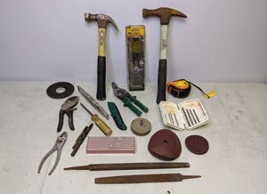 lot 336 image: Lot of Hand Tools Hammers, Files, Pliers, Drill Bits, Tape Measure, etc.