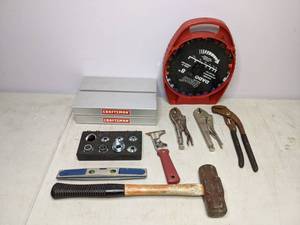lot 339 image: Vise Grips, Adjustable Wrench, Sledgehammer, Dado Set, etc.