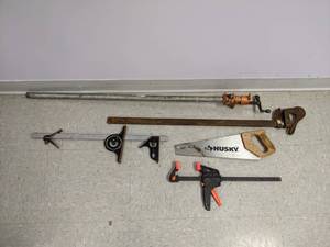 lot 335 image: Bar Clamps, Trigger Clamp, Wood Square and T-Square