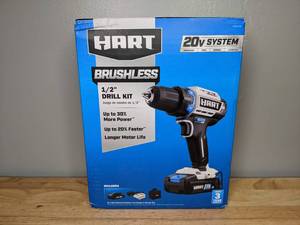 lot 163 image: Brand New HART 20-Volt Cordless Brushless 12-inch DrillDriver Kit and 10-inch Storage Bag & 2Ah Lithium-Ion Battery
