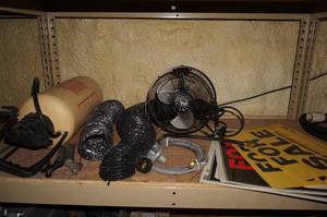 lot 81 image: Contents of Shelf - Fan, Tubing, Sprayer