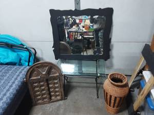 lot 5 image: Glass Top Table With Metal Base 16x26x17, Metal Frame Pinecone Mirror 28x31, Rustic Arch Wood Window 24x17 & Decorative Basket 20
