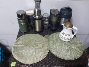 lot 16 image: Hot Cocoa Server, Coffee Bean Grinders, Thermoses, Tin
