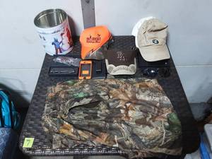 lot 21 image: Pella Size XLR Camo Pants, Assorted Caps & Sunglasses, 2-Pocket Knives