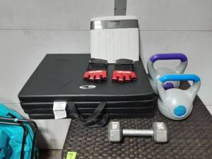 lot 23 image: 10 Lb. Dumbbell, 10Lb. & 15 Lb. Kettle Bell Weights, Gloves, Mat & Scale