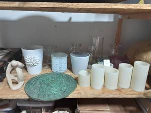 lot 24 image: Lot Of Battery Op Candles, Statue, Resin Sundial Mandala, Vases