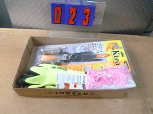 Flat of poultry shears, gloves & fishing items. As shown.