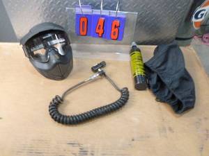 Paint ball mask, tank, remote hose. As shown.