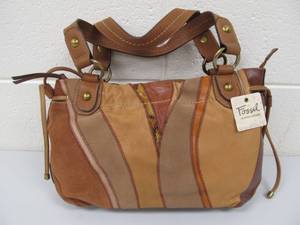 lot 9 image: Brand New FOSSIL Leather Patchwork Satchel - Browns