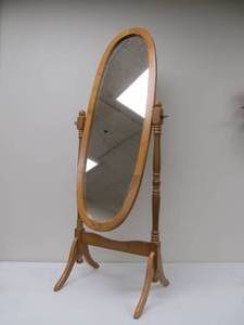 lot 131 image: Free Standing Cheval Full Length Oval Mirror w Wood Frame