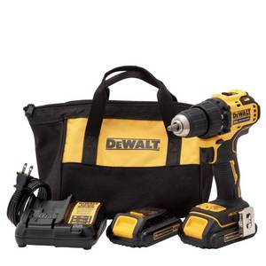 lot 41 image: DEWALT ATOMIC 20-Volt MAX Lithium-Ion Brushless Cordless Compact 12 in. Drill Driver w (2) Batteries 1.3Ah, Charger & Bag, DCD708C2 - Like New.