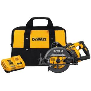 lot 53 image: DEWALT FLEXVOLT 60-Volt MAX Lithium-Ion Cordless Brushless 7-14 in. Wormdrive Style Circ Saw w Battery 3Ah, Charger and Bag, DCS577X1 - Like New - Missing Shoe.