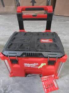 lot 163 image: Milwaukee PACKOUT 22 in. Rolling Tool Box, Filled With Power Tools, New Handtools and More