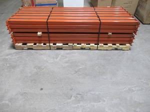 lot 181 image: Pallet of 42 Heavy Duty Teardrop Pallet Racking Step Beam Rails. 96 X 3 Tall. Used in Warehouse.