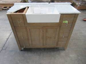 lot 209 image: Ari Kitchen And Bath Sally 42 in. Single Bath Vanity in Weathered Fir with Marble Vanity Top in Carrara White with Farmhouse Basin AKB-SALLY-42-WEATHFIR