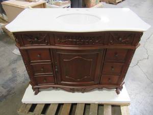 lot 215 image: Home Decorators Collection Winslow 45 in. W x 22 in. D Bath Vanity in Antique Cherry with Vanity Top in White Marble with White Basin BF-27002-AC