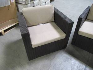 lot 232 image: Noble House Primrose Dark Brown 3-Piece All Weather Faux Wicker Patio Conversation Set with Beige Cushions 67346