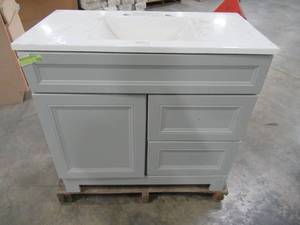lot 237 image: Home Decorators Collection Sedgewood 36-12 in. W Bath Vanity in Dove Gray with Solid Surface Technology Vanity Top in Arctic with White Sink PPLNKDVR36D