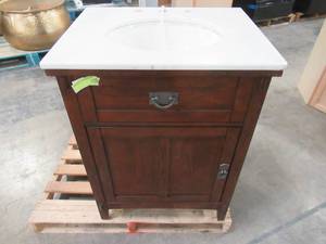 lot 238 image: Home Decorators Collection Artisan 26 in. W Vanity in Dark Oak with Marble Vanity Top in Natural White with White Sink MD-V1750