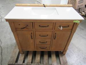 lot 302 image: Home Decorators Collection Bellington 42 in. W x 22 in. D Vanity in Almond Toffee with Marble Vanity Top in White with White Basin Bellington 42
