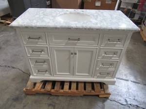 lot 314 image: Home Decorators Collection Windlowe 49 in. W x 22 in. D x 35 in. H Bath Vanity in White with Carrera Marble Vanity Top in White with White Basin 15101-VS49C-WT