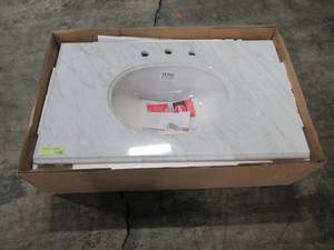 lot 325 image: Pegasus 37 in. W Marble Vanity Top in Carrara with White Bowl and 8 in. Faucet Spread 37108
