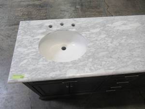 lot 334 image: Home Decorators Collection Windlowe 73 in. W x 22 in. D x 35 in. H Bath Vanity in Gray with Carrara Marble Vanity Top in White with White Sink 15101-VS73C-GR