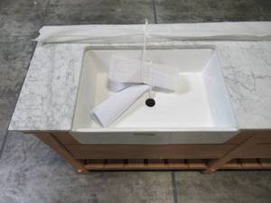 lot 335 image: Ari Kitchen And Bath Marina 72 in. Double Bath Vanity in Driftwood with Marble Vanity Top in Carrara White with White Farmhouse Basins AKB-MARINA-72DW