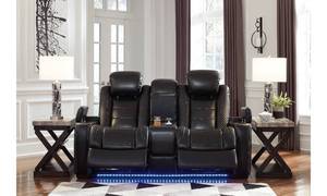 lot 15 image: Ashley Furniture Party Time Power Reclining Loveseat with Console, 3700318 - NEW IN BOX - LOW $800.00 RESERVE