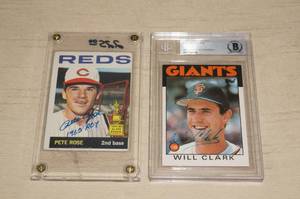 lot 76 image: 2 Hand Signed Baseball Cards - Will Clark, Pete Rose