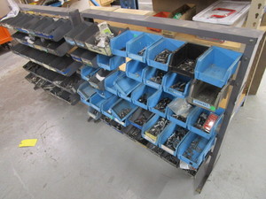 lot 216 image: STEEL BIN RACKS WITH BINS AND MOTORCYCLE HARDWARE