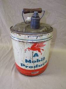 5 Gallon Mobil Oil Can with Wood Handle and Original Cap