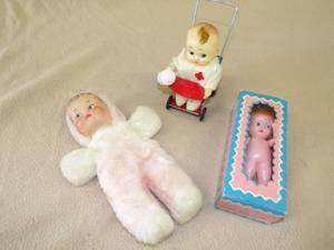 3 Vintage Baby Toys, wind up stroller and doll rattle still in box