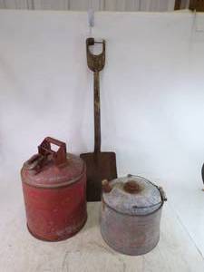 2 Vintage OilGas Cans and Rare Wood Handled Shovel