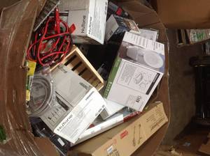 lot 42 image: Gaylord full of assorted tools door knobs and hardware customer returns open boxes see pictures